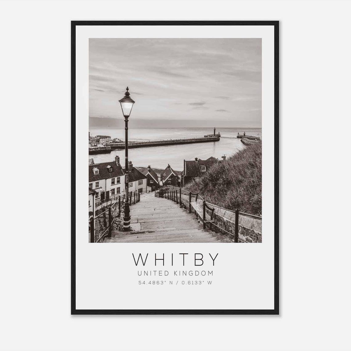 Whitby United Kingdom Harbor Steps Lamp Post Black White Photo Poster