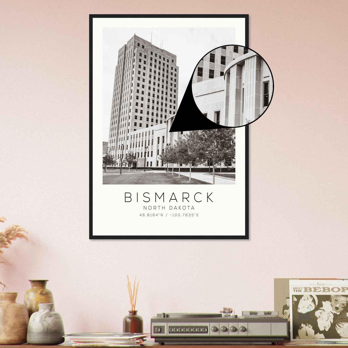 Bismarck North Dakota Art Deco Capitol Tower Black White Travel Poster - Image 4