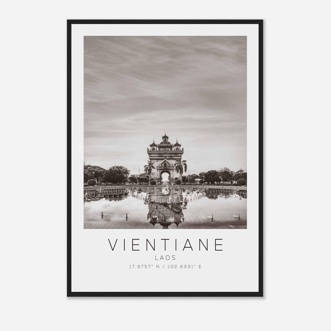 Vientiane Laos Patuxai Victory Arch Reflection Black White Poster