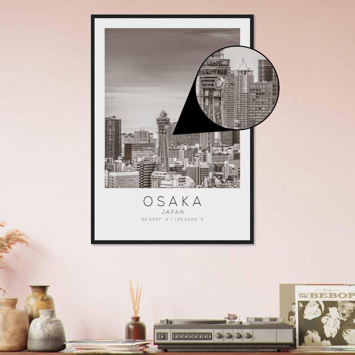 Osaka Japan Tower Skyline Cityscape Black White Photo Poster - Image 4
