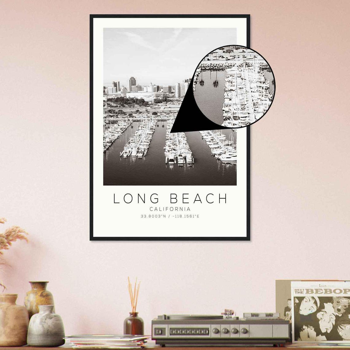Long Beach California Marina Harbor Aerial Black And White Poster - Image 4