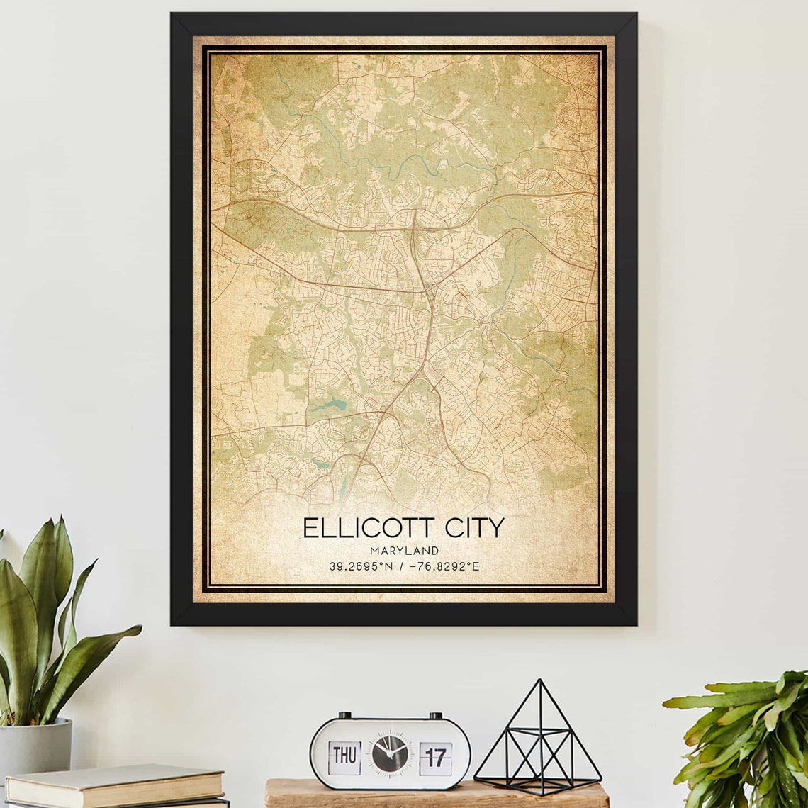 Ellicott City Maryland Vintage Style City Map Poster With Coordinates