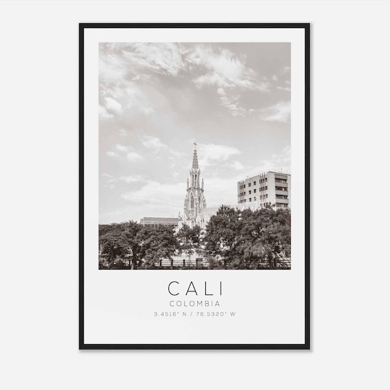 Cali Colombia Gothic Church Spire Skyline Black and White Travel Poster