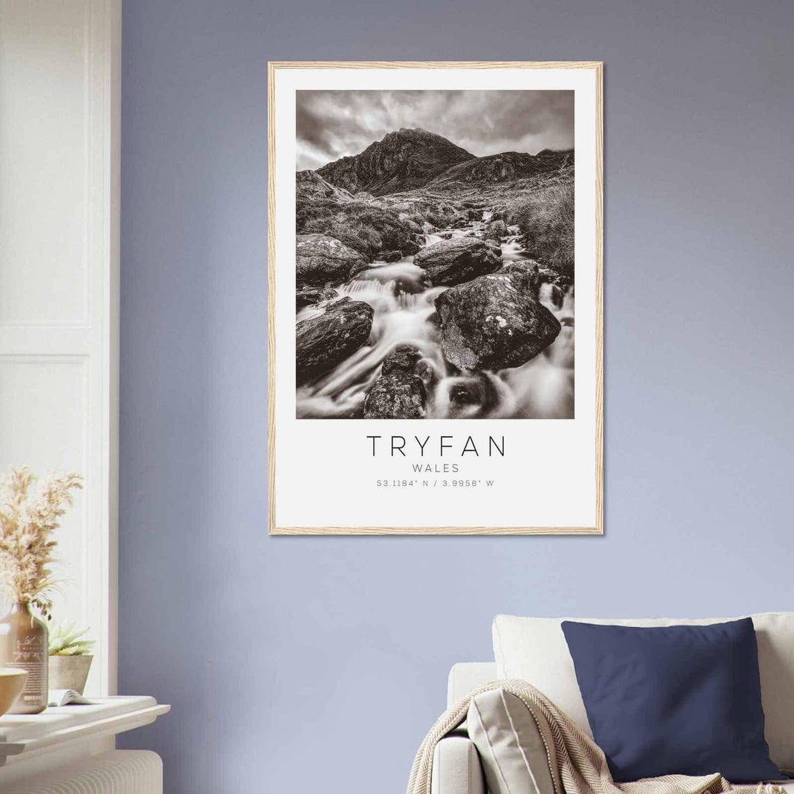 Tryfan Wales Rocky Stream Mountain Peak Black and White Poster - Image 2