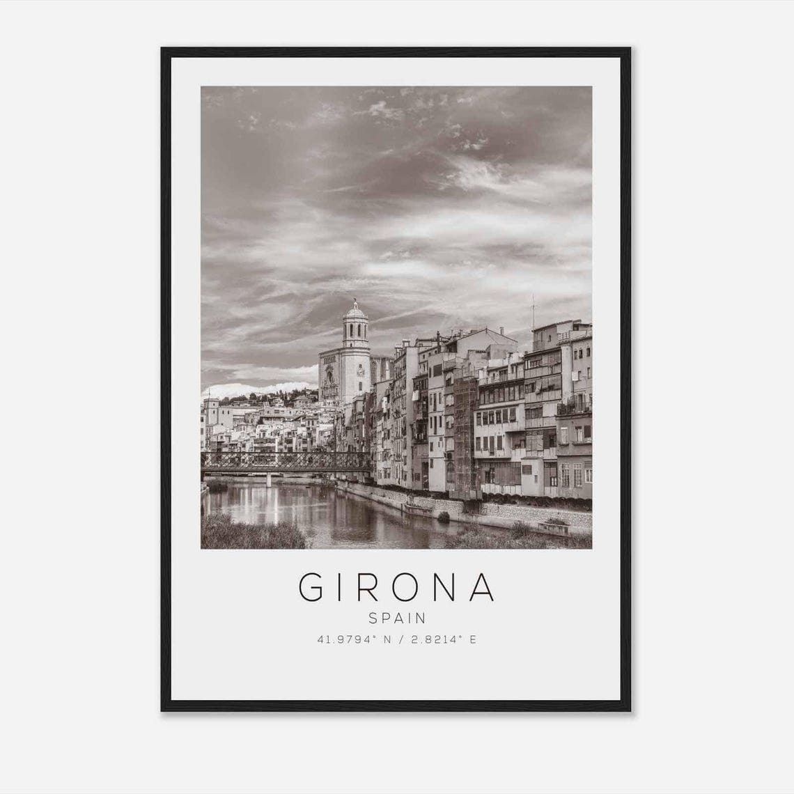 Girona Spain Black and White Riverside Cityscape Travel Poster