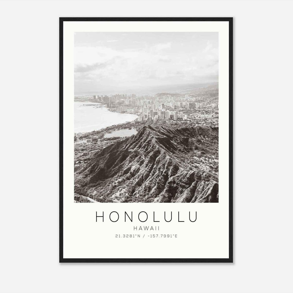 Honolulu Hawaii Diamond Head Crater Overlook Black White Travel Poster