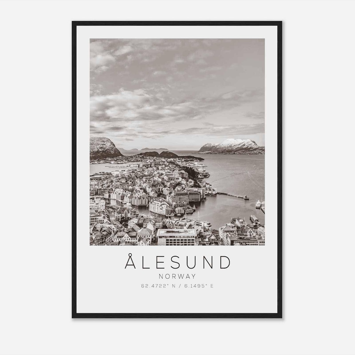 Alesund Norway Black White Fjord Town Aerial Panorama Travel Poster