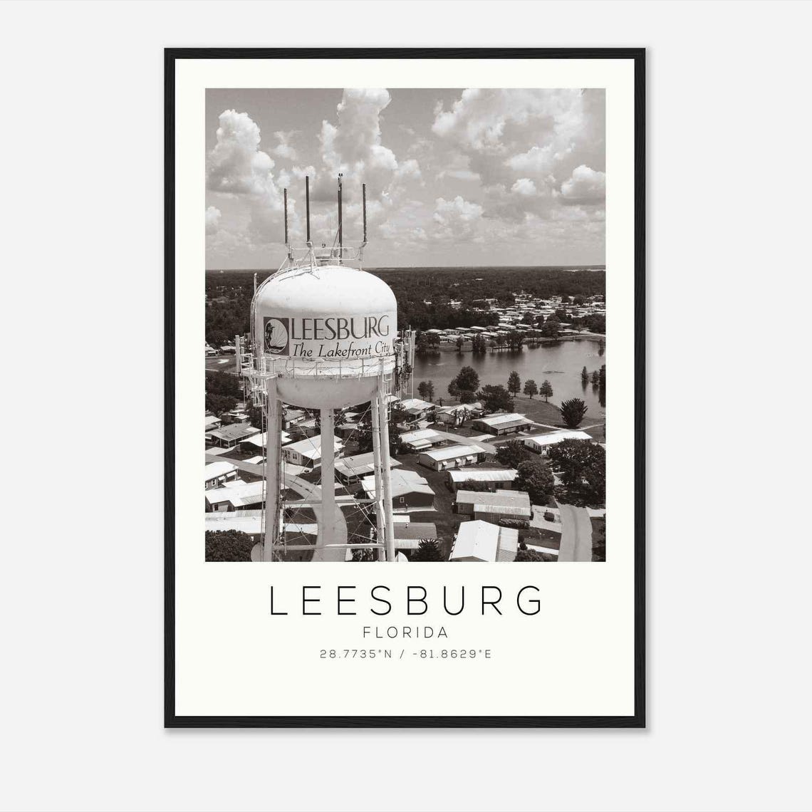 Leesburg Florida Lakefront City Water Tower Black And White Poster