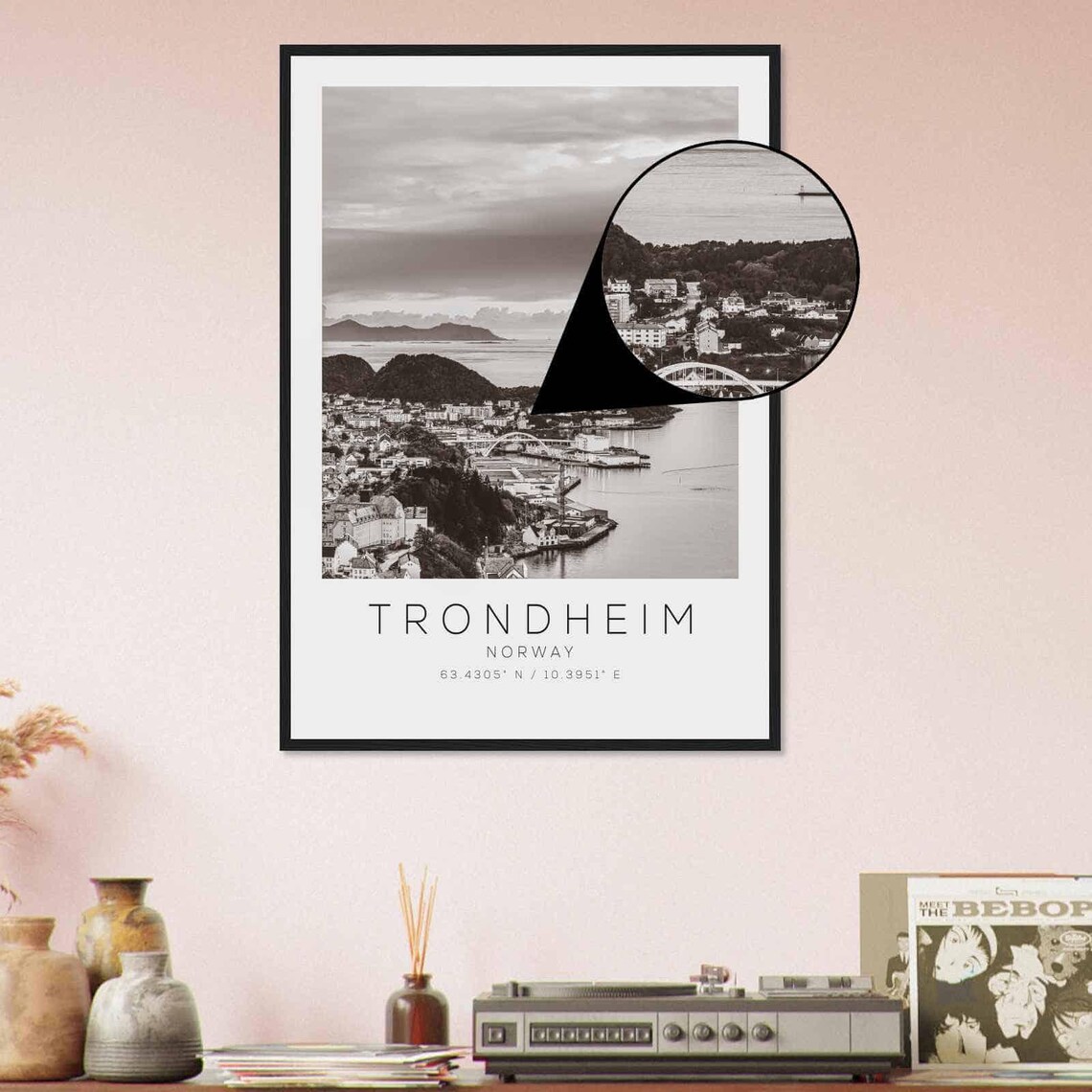 Trondheim Norway Harbor Town Fjord Aerial Black White Poster - Image 4