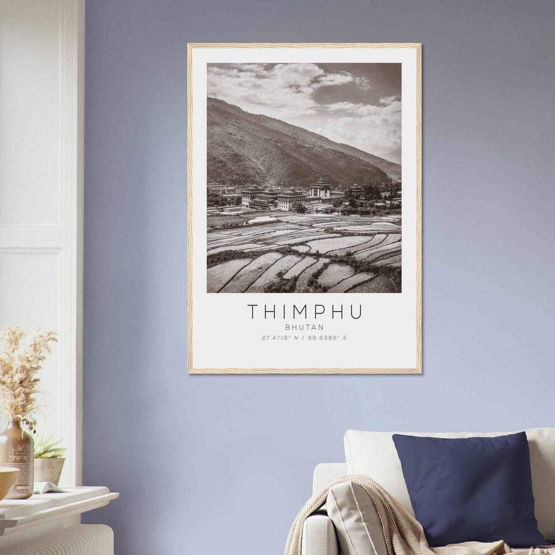Thimphu Bhutan Rice Terraces Dzong Black and White Photo Poster - Image 2