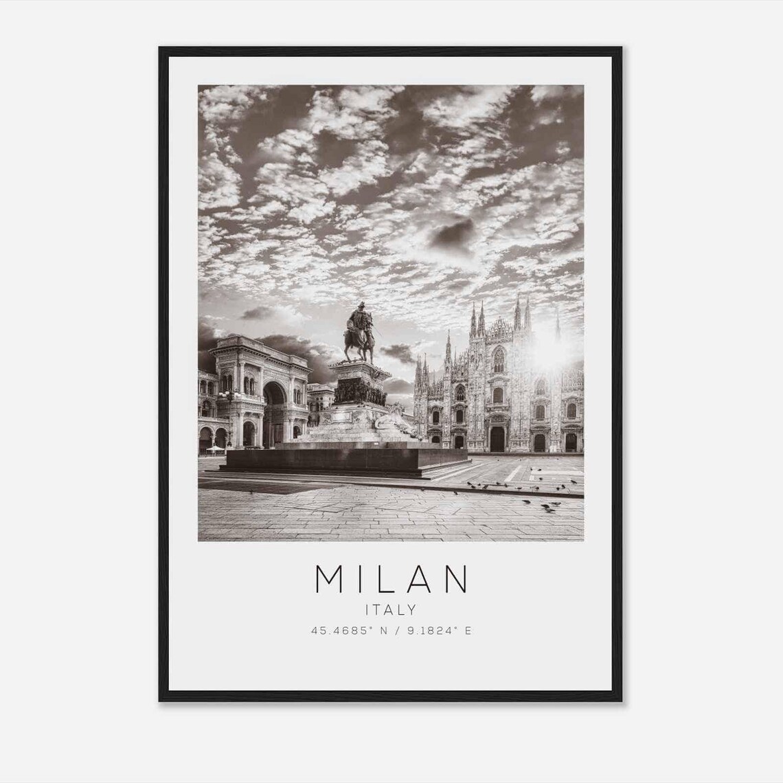 Milan Italy Piazza del Duomo Statue Black and White Photo Poster