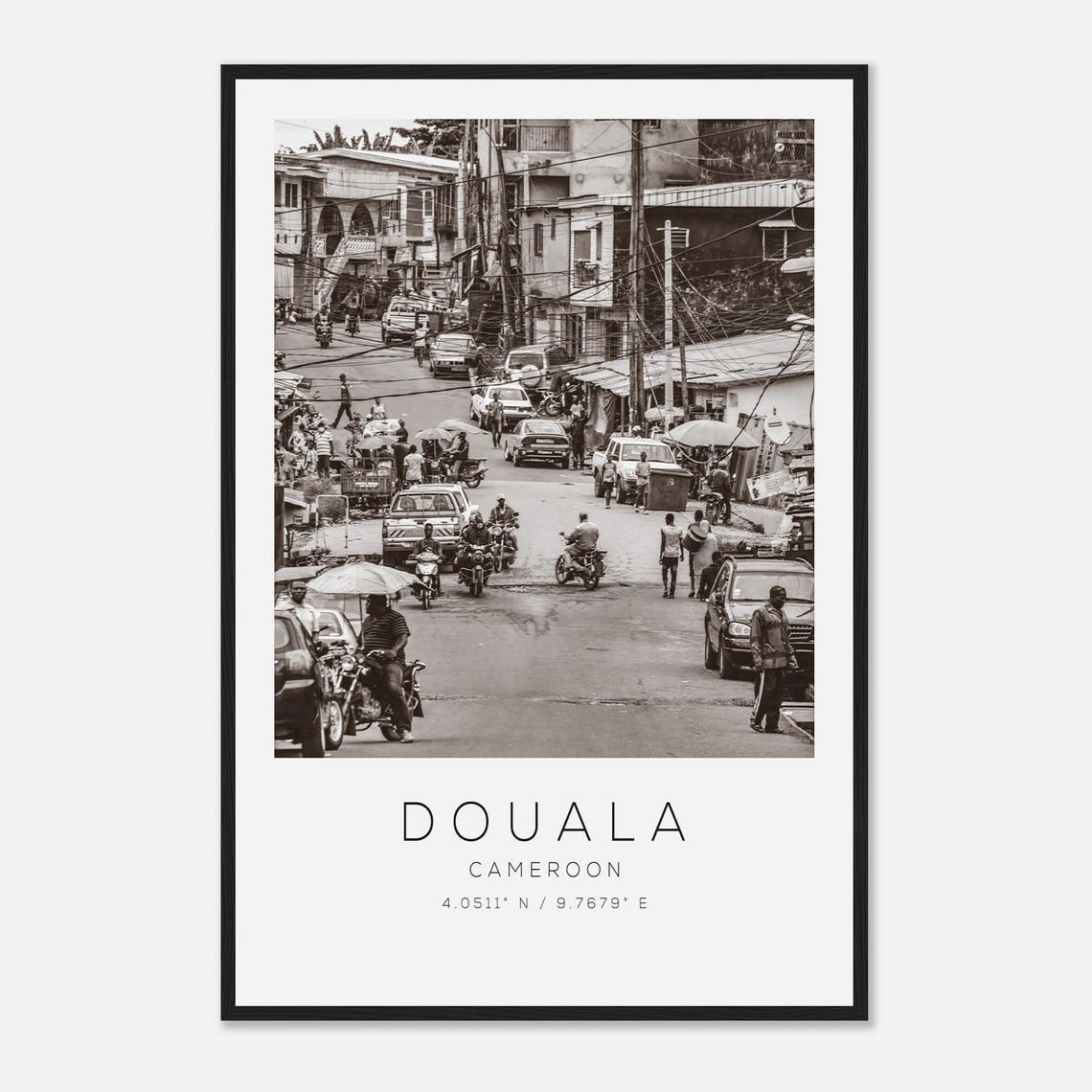 Douala Cameroon Black White Busy Street Coordinates City Poster