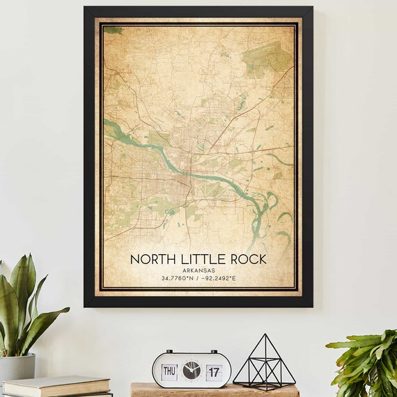 Vintage North Little Rock Arkansas River City Map Poster With Coordinates