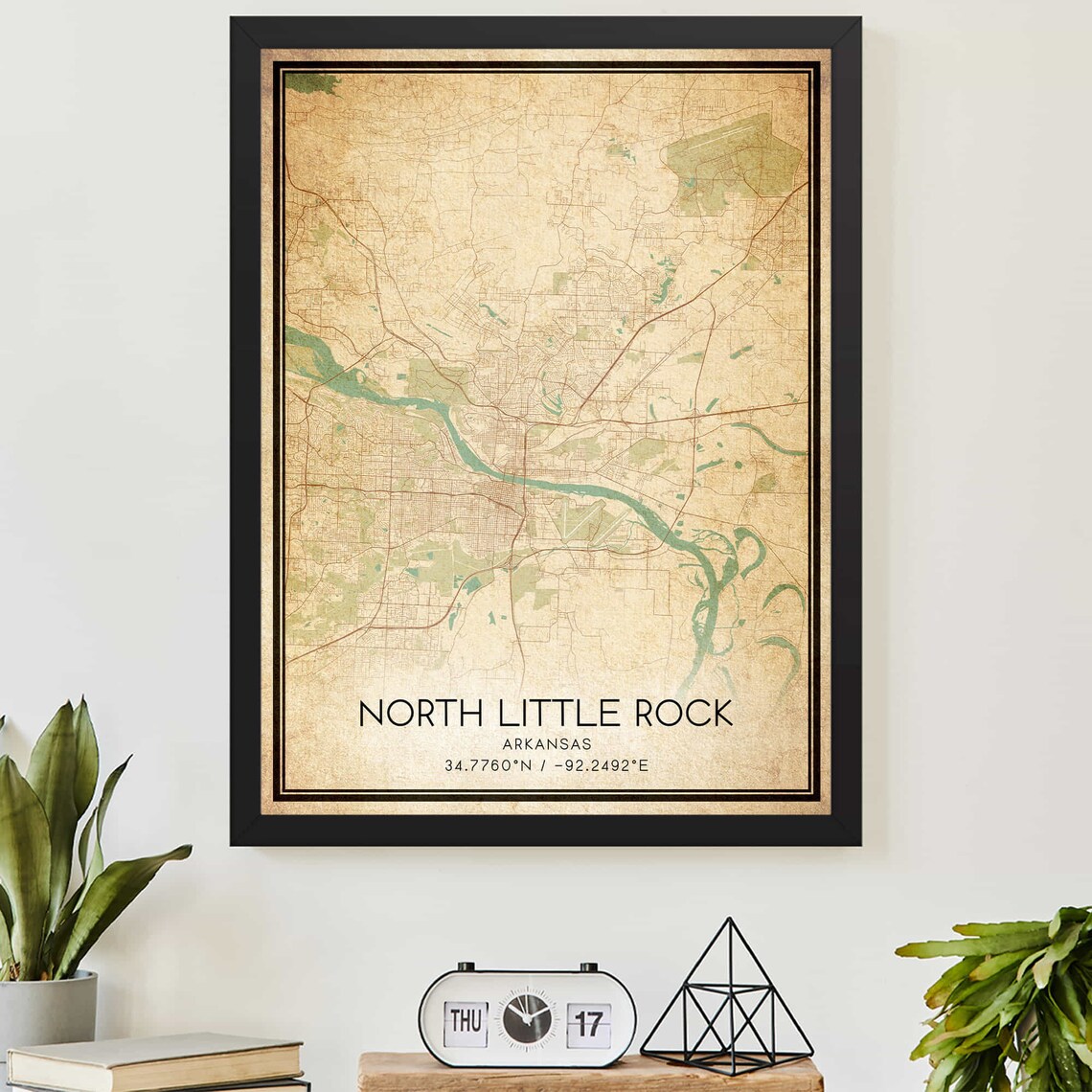 Vintage North Little Rock Arkansas River City Map Poster With Coordinates