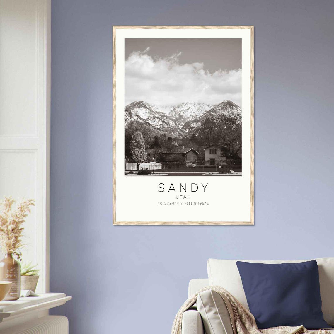 Sandy Utah Snow Capped Mountains Above Homes Monochrome Photo Poster - Image 2