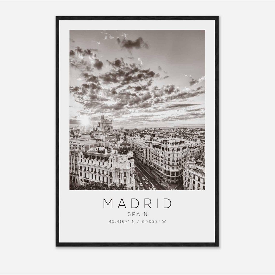 Madrid Spain Gran Via Rooftop View Black and White Photo Poster