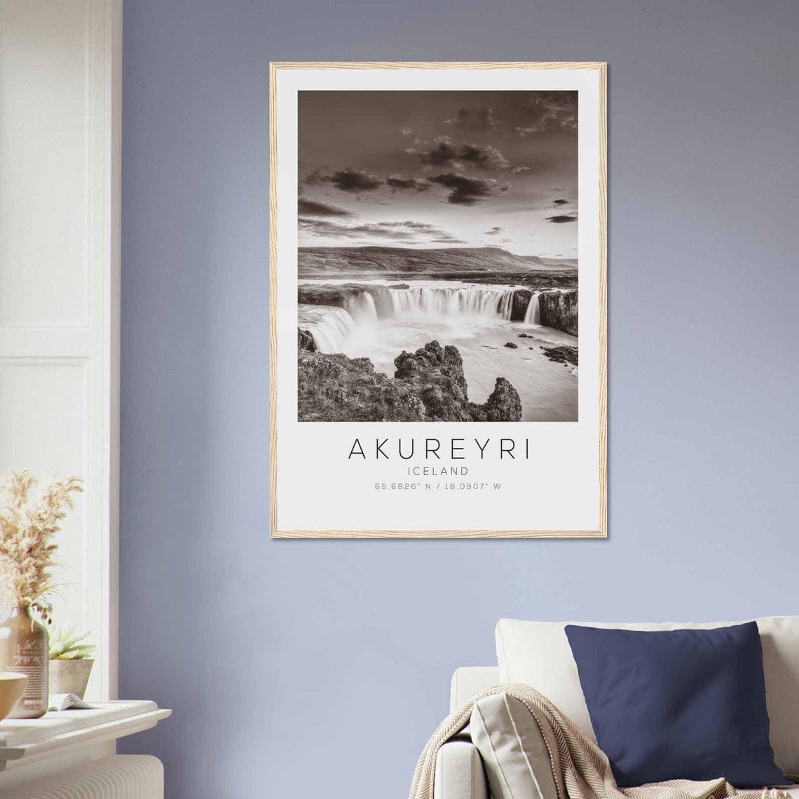 Akureyri Iceland Black White Waterfall River Canyon Travel Poster - Image 2