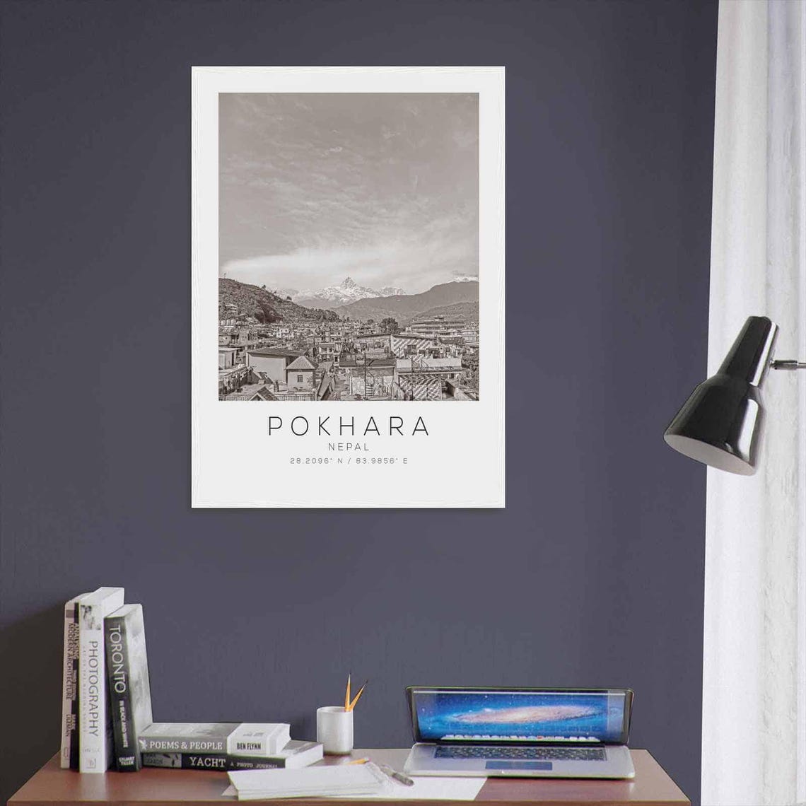 Pokhara Nepal Himalaya Mountains Town View Black and White Poster - Image 3