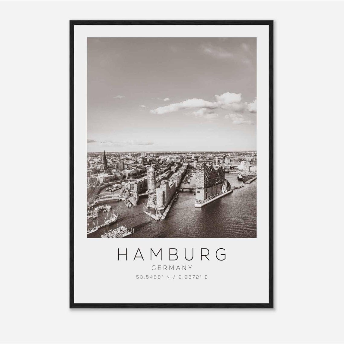 Hamburg Germany Black and White Harbor Aerial View Travel Poster