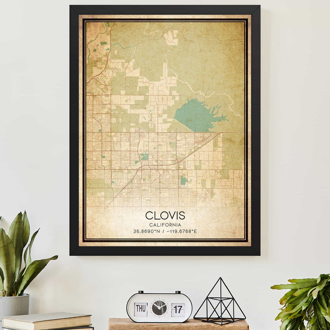 Clovis California Vintage Street Map With Coordinates Poster