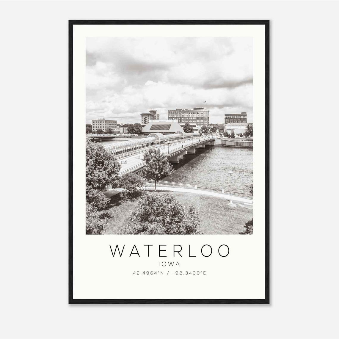 Waterloo Iowa Covered River Bridge Downtown Skyline Travel Poster