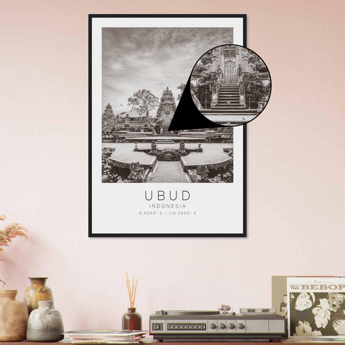 Ubud Indonesia Balinese Temple Courtyard Black and White Poster - Image 4