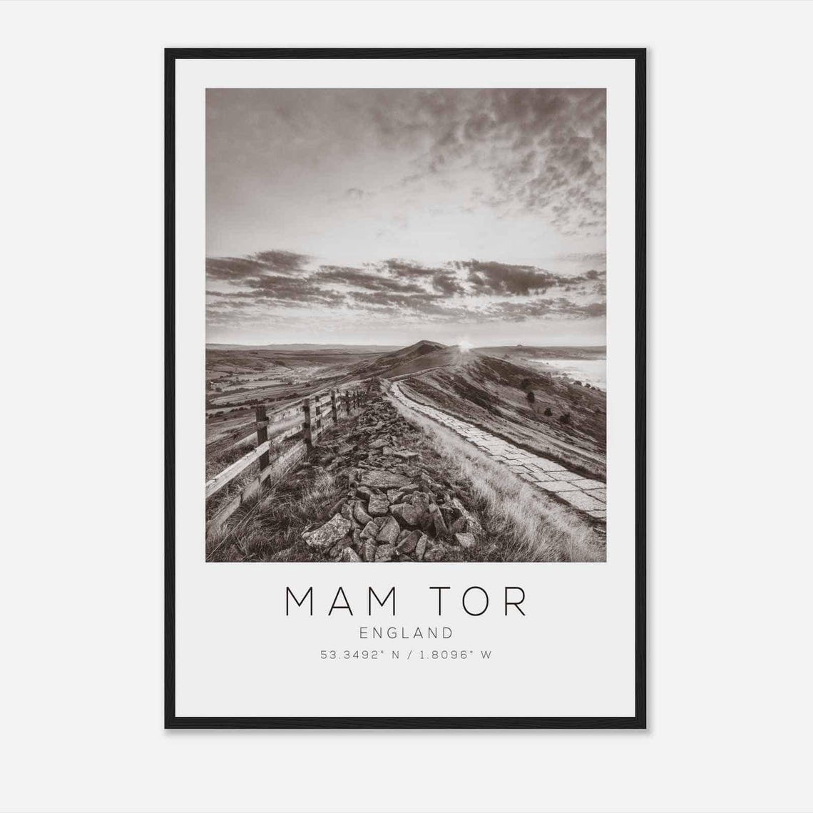 Mam Tor England Peak District Ridgeline Black and White Photo Poster