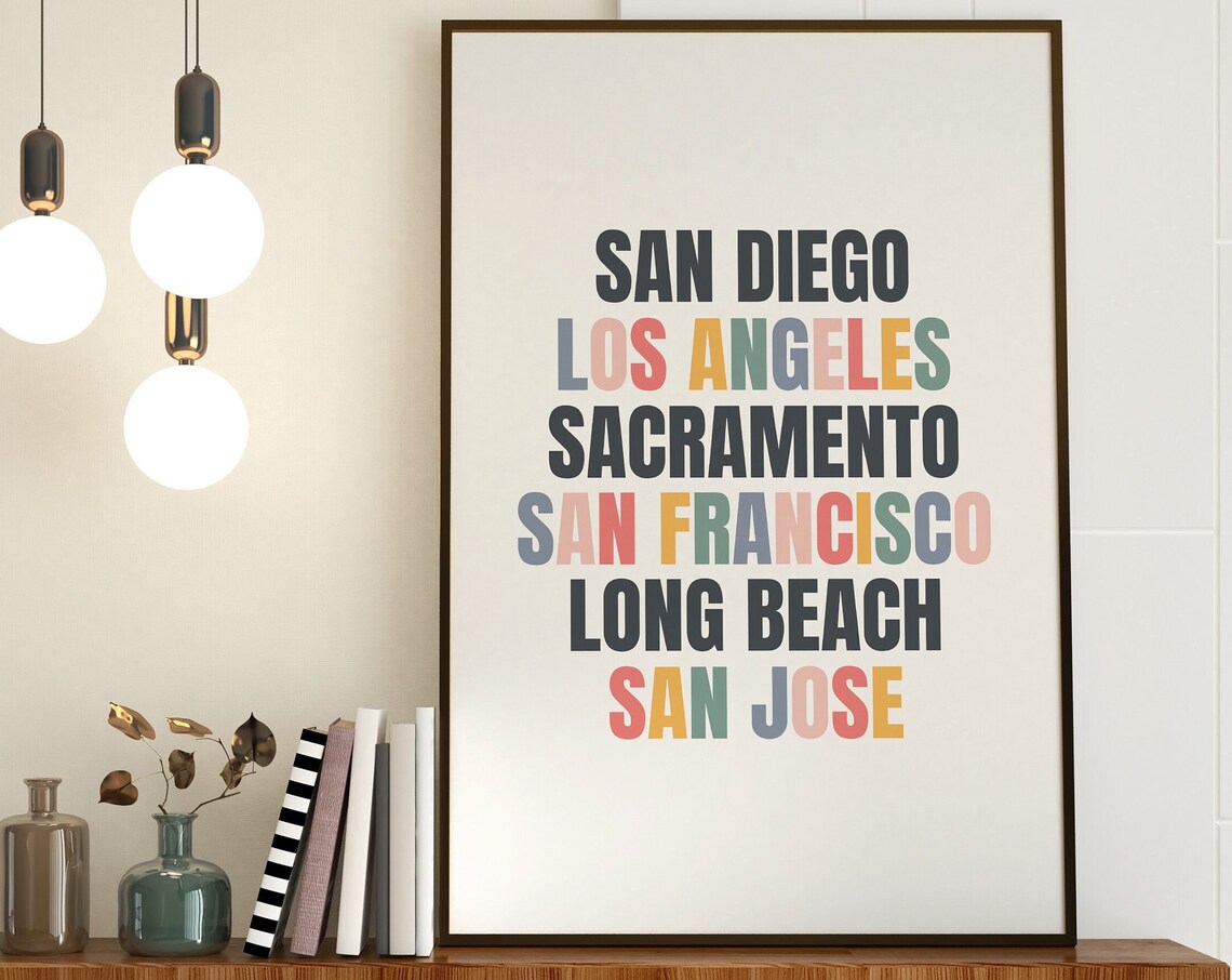San Diego Los Angeles Sacramento California Cities Typography Poster