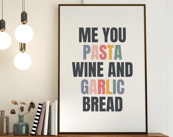 Pasta Wine Garlic Bread Wall Art Colorful Typography Preppy Kitchen Poster Cute Dining Room Decor Couple Gift Print