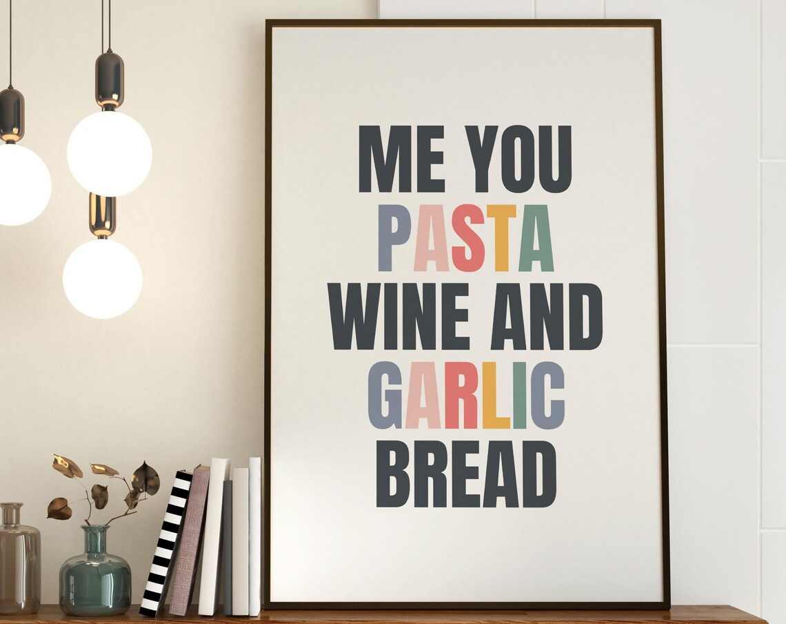 Pasta Wine Garlic Bread Wall Art Colorful Typography Preppy Kitchen Poster Cute Dining Room Decor Couple Gift Print