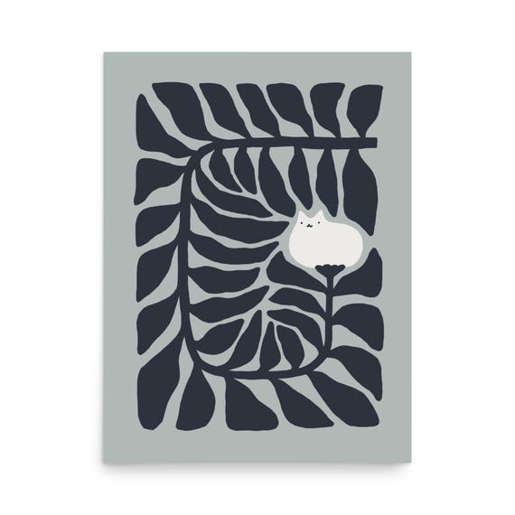 Navy Monstera Leaves with White Cat Modern Minimalist Poster