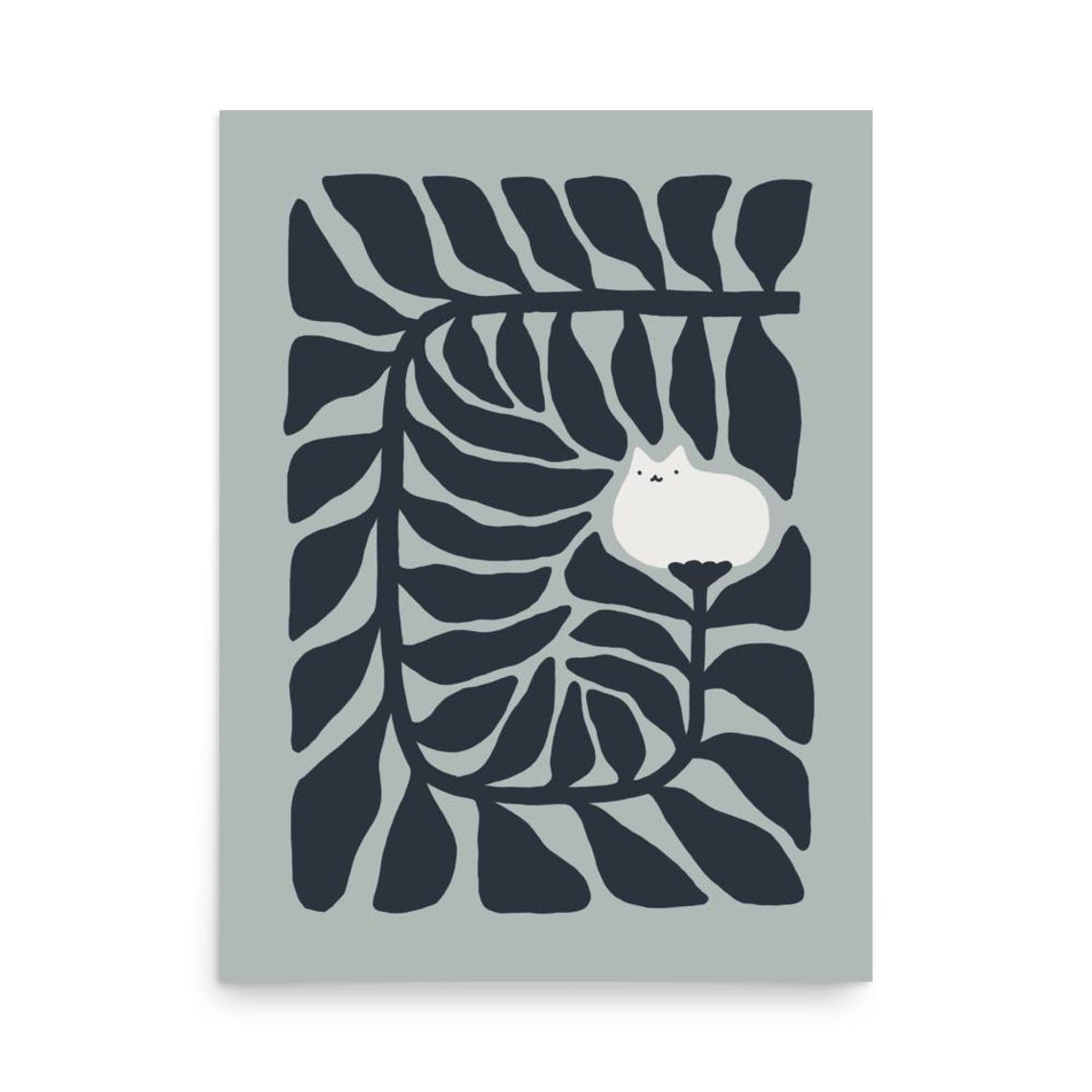Navy Monstera Leaves with White Cat Modern Minimalist Poster