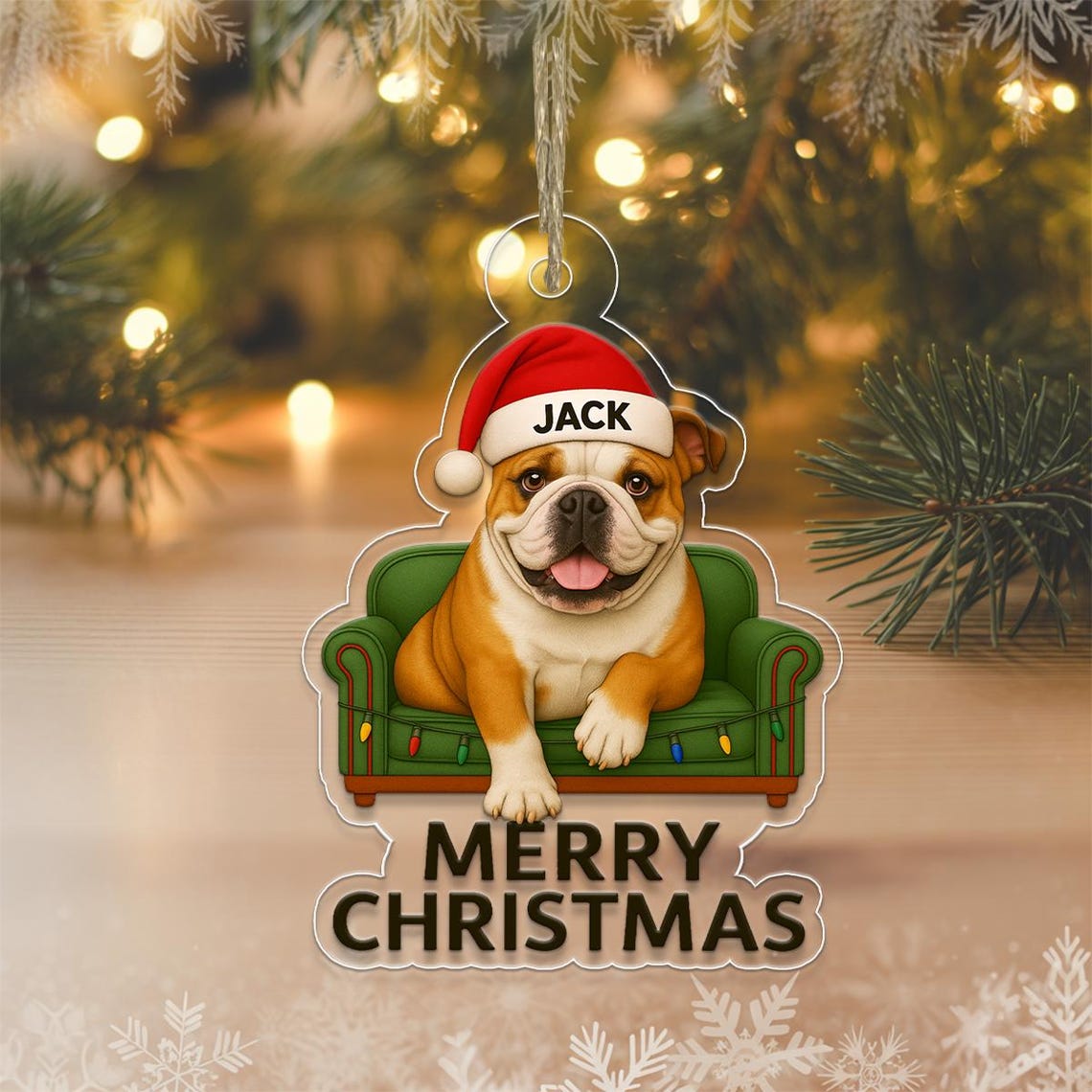 Personalized Bulldog Christmas Holiday Couch Ornament Name Print