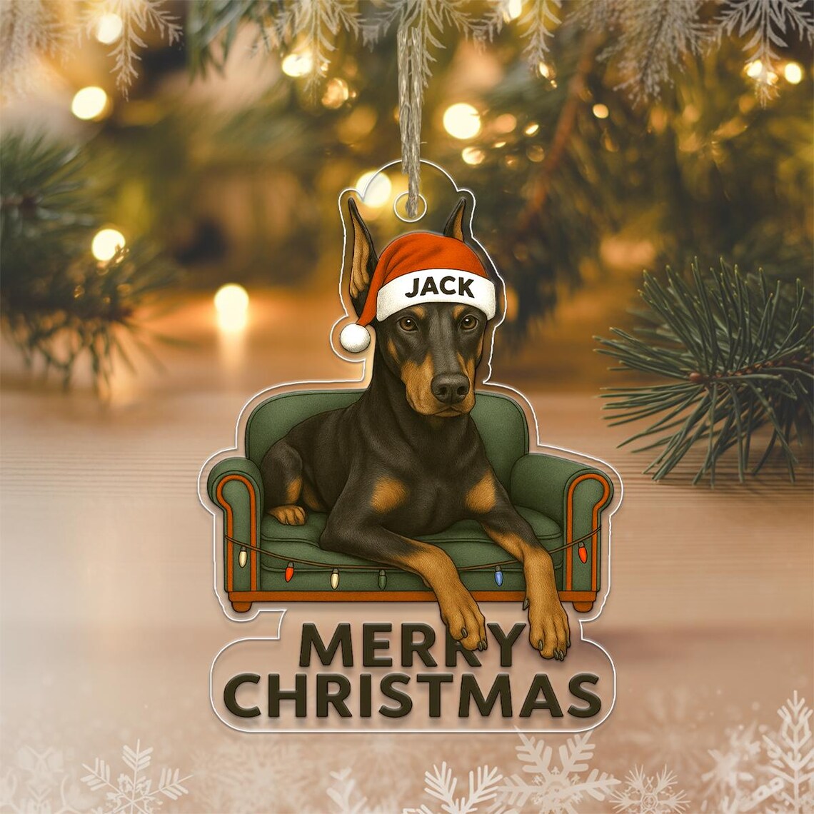 Personalized Doberman On Couch Christmas Ornament Santa Hat Acrylic Print
