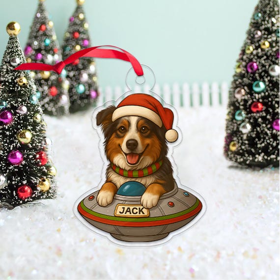 Custom Dog In Ufo Christmas Ornament Personalized Australian Collie Design Funny Pet Lover Gift Cute Xmas Decoration