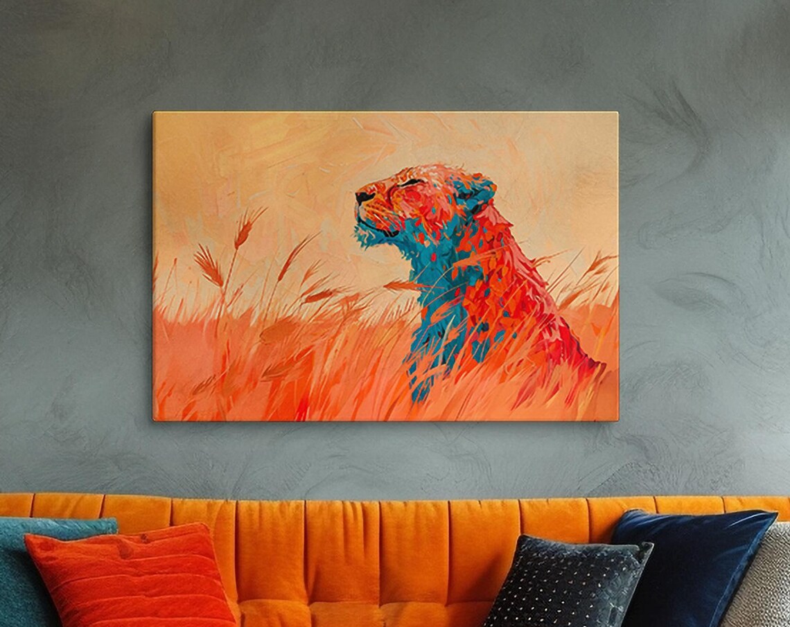 Majestic Lioness in Golden Savanna Grass Fiery Brushstrokes Art Poster - Image 4