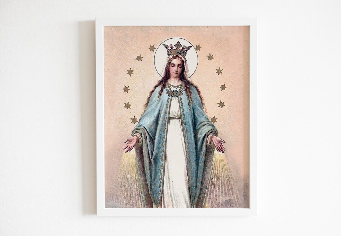 Virgin Mary Crowned With Stars Vintage Catholic Holy Card Art Poster - Image 2