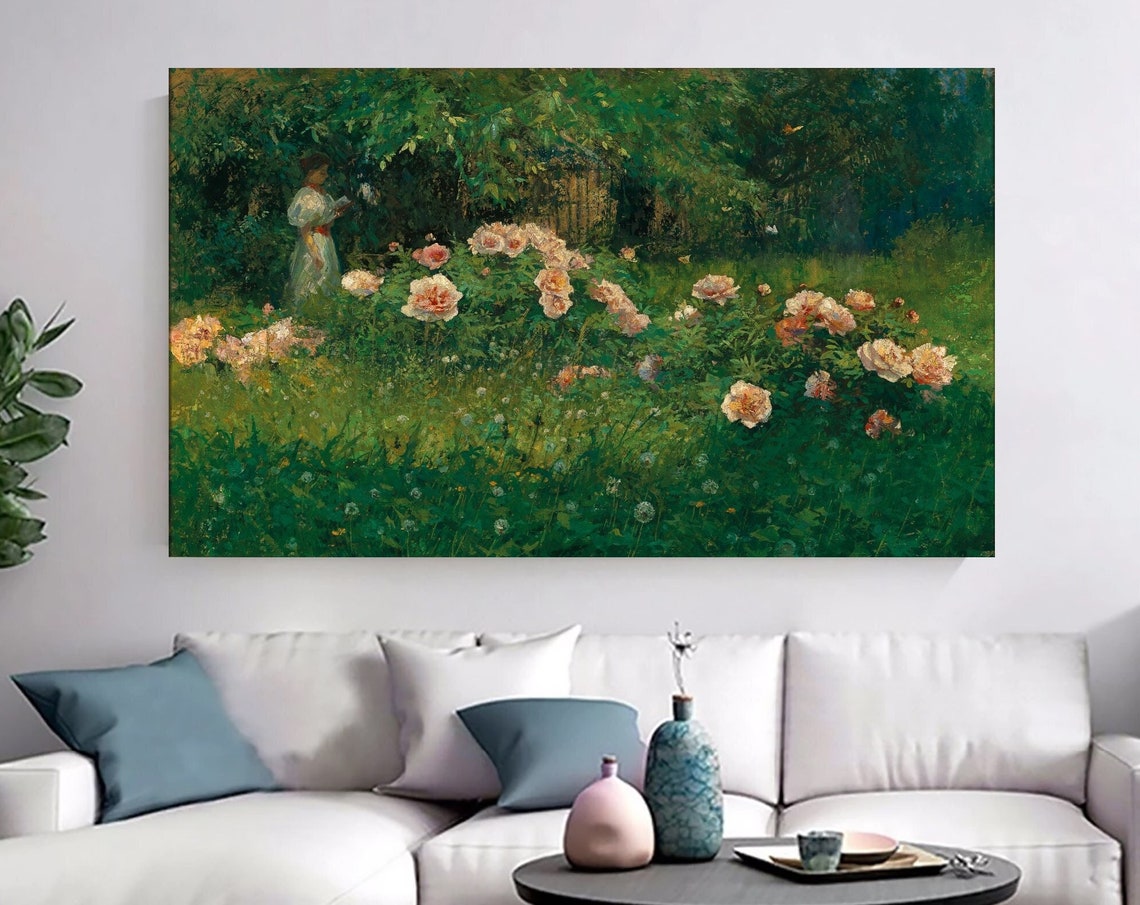 Alois Kalvoda In The Rose Garden Art Reproduction Wall Art Landscape Painting Vintage Roses Print Antique Home Decor