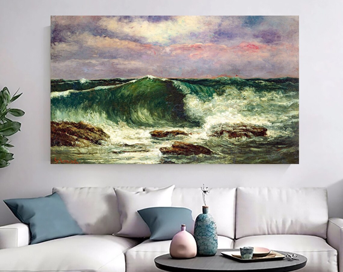 Powerful Ocean Waves Crashing Over Rocky Shore Vintage Seascape Poster