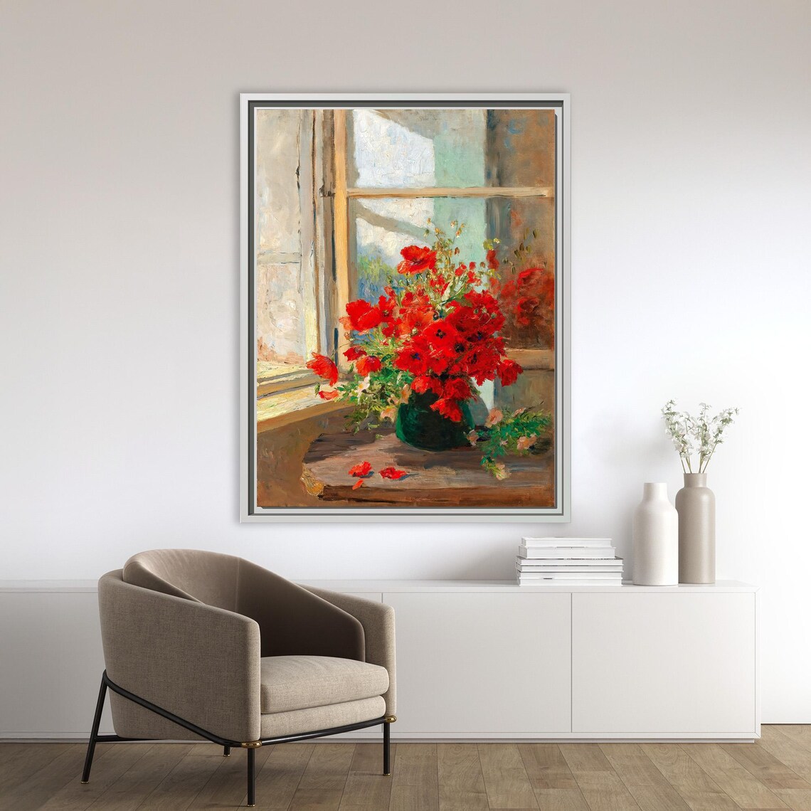 Red Poppies Green Vase Sunlit Window Impressionist Floral Poster - Image 2