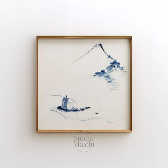 Katsushika Hokusai Person In A Small Boat On A River With Mount Fuji Japanese Wall Art Minimalist Ink Painting Vintage Ukiyo E Print