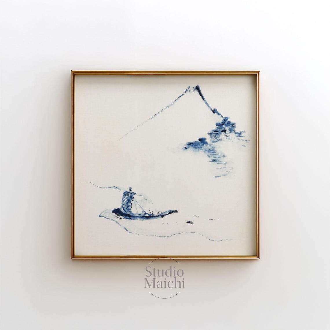 Minimalist Japanese Ink Boat and Mountain Fuji Landscape Art Poster
