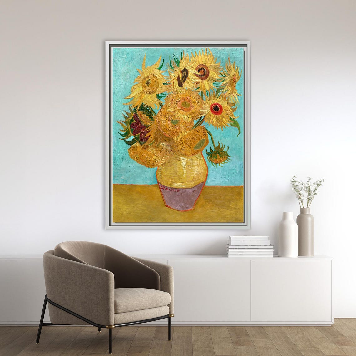 Van Gogh Sunflowers Turquoise Background Yellow Vase Classic Print - Image 2