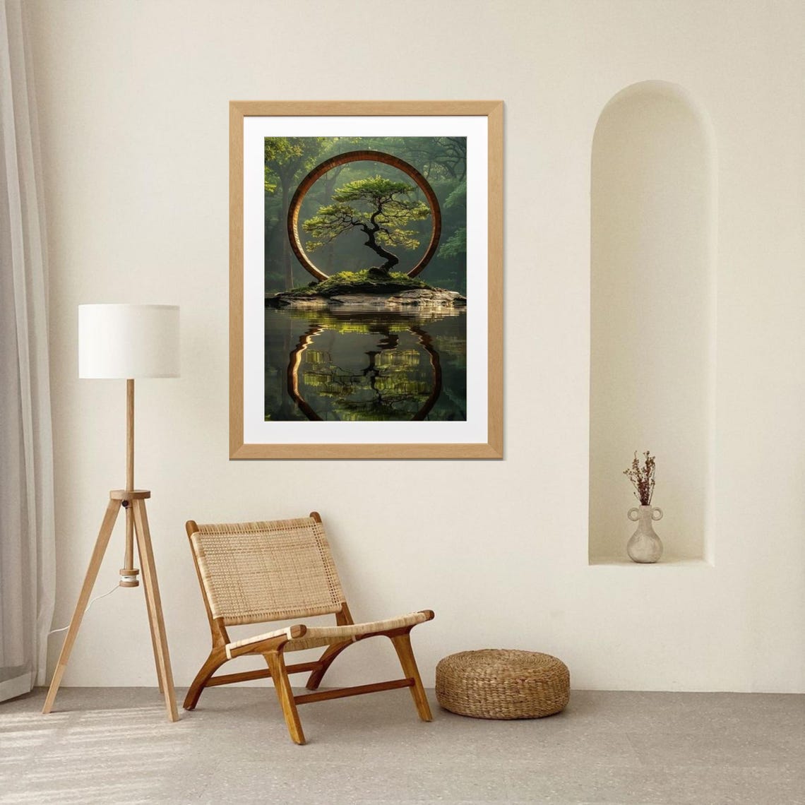 Bonsai Tree Rocky Islet Water Reflection Zen Circle Nature Poster
