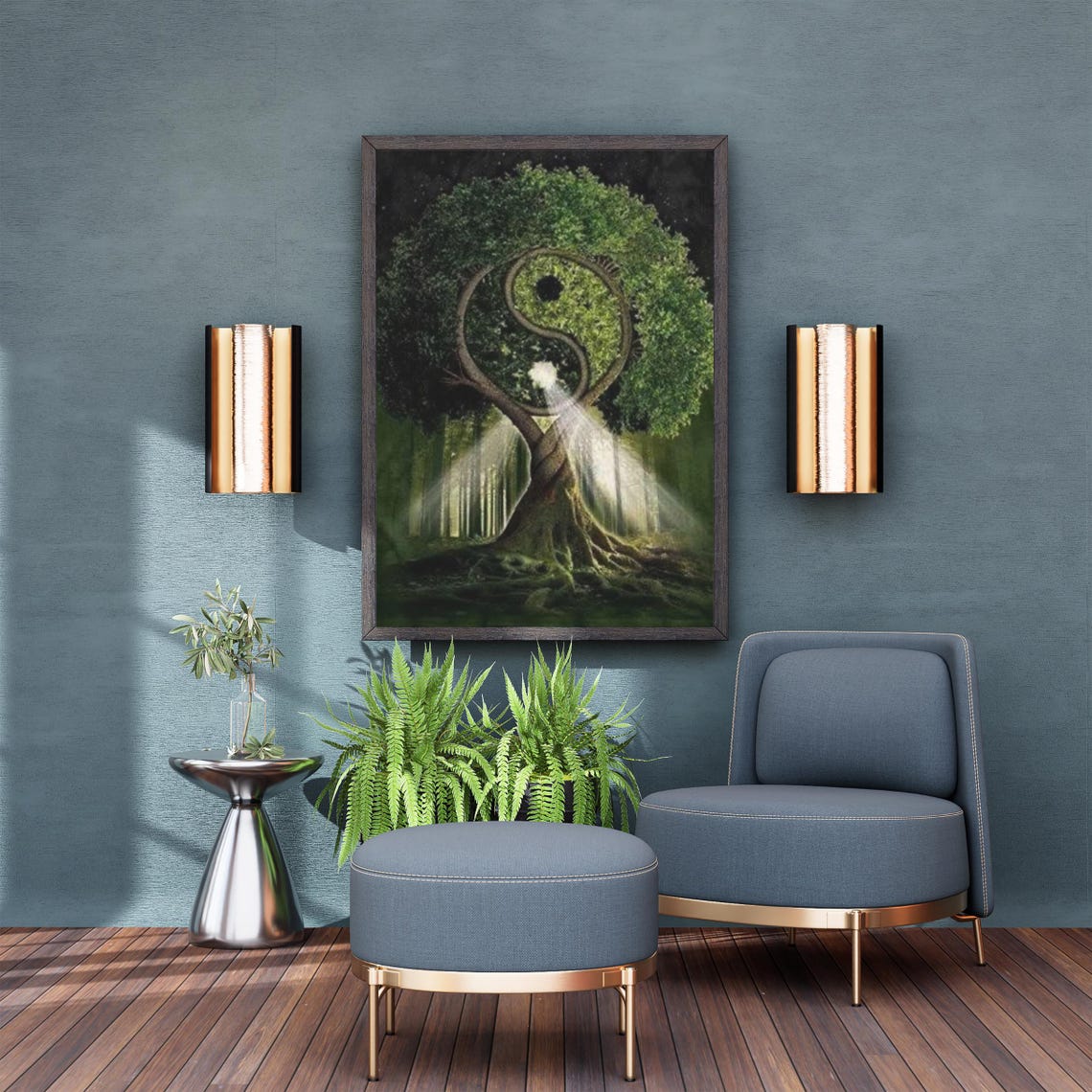 Yin Yang Tree Forest Sunlight Spiritual Balance Nature Art Poster