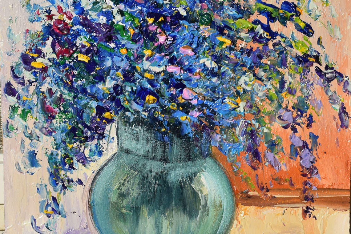 Painting Blue Flower Art Original Painting Wildflowers Painting Small Oil Painting Floral Still Life Painting For Kitchen Flower Small Art - Image 3
