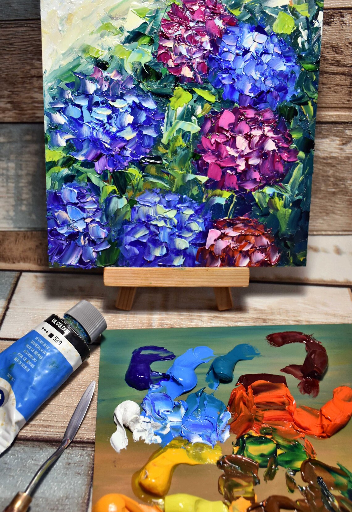 Blue Purple Hydrangea Blooms Thick Impasto Oil Painting Floral Poster - Image 4