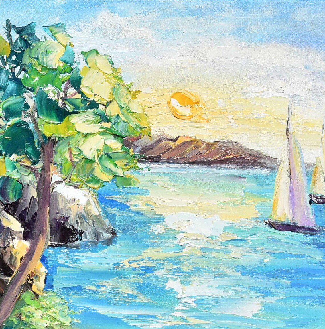 Sailboats Turquoise Bay Sunset Rocky Coast Impasto Seascape Poster - Image 3