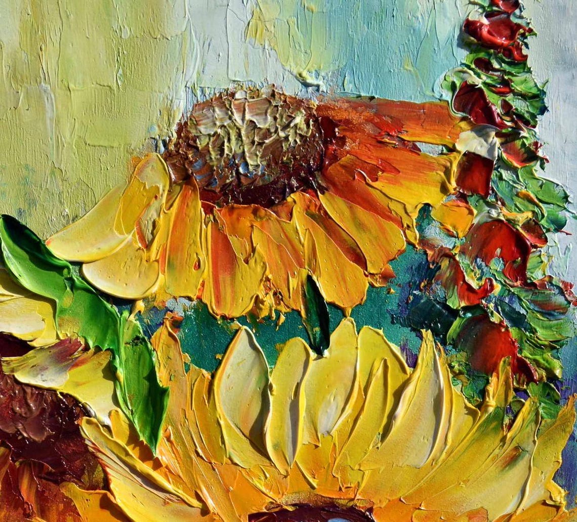 Sunflower Painting Landscape Painting Sunflower Art Purple Wildflowers Art Meadow Flowers Art Yellow Flower Art Palette Knife Art Flower Oil - Image 2