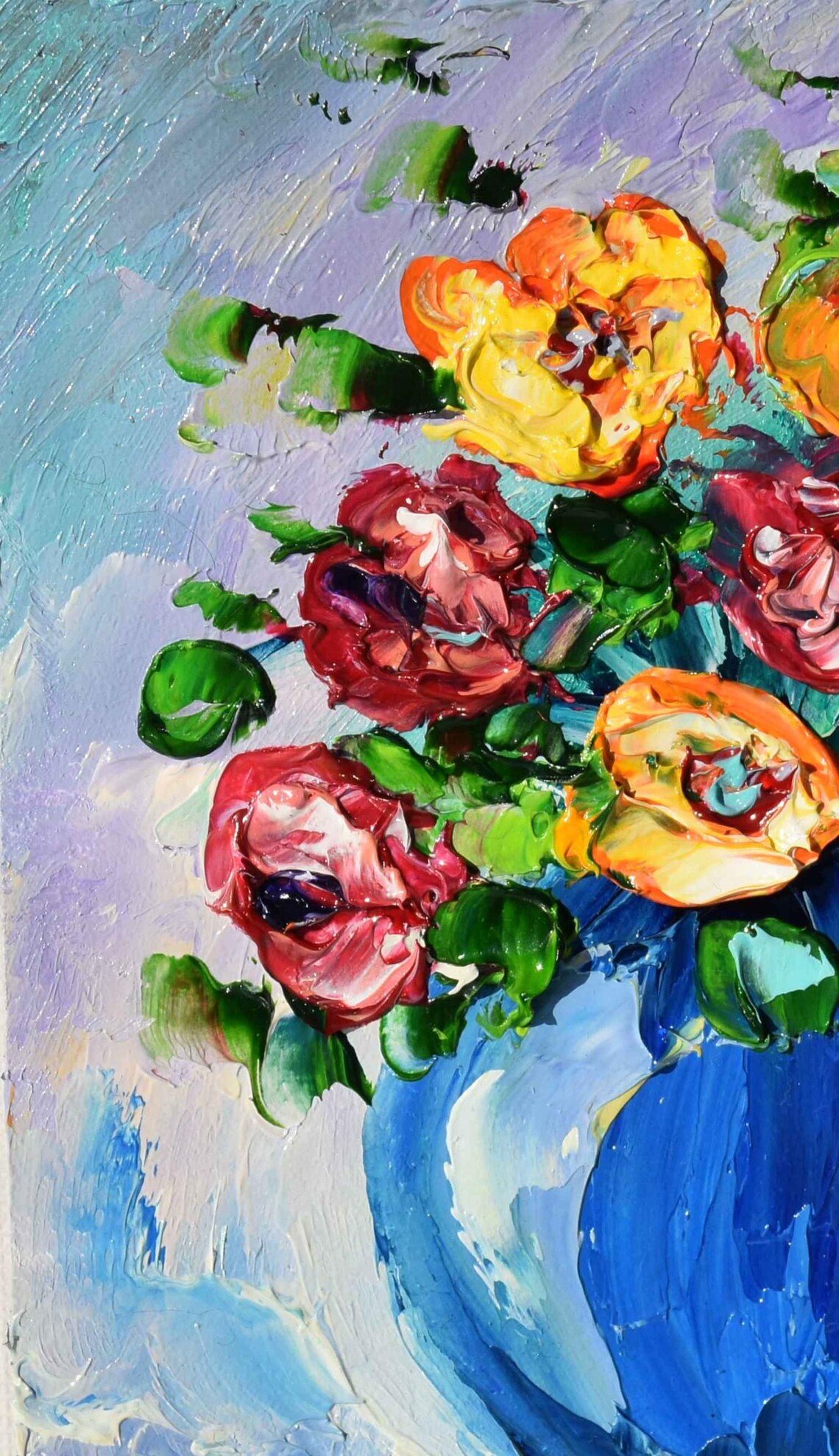 Blue Flowers Bouquet In Vase Impasto Oil Painting Still Life Wall Art - Image 4